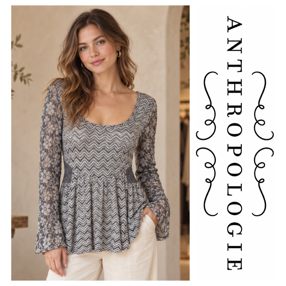 Anthropologie A'reve Gray Lace Long Sleeve Chevron Bow Tie Back Size S